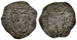 Philip II (1556-1598). Cuartillo. Segovia. D. (Cal-80). (Jarabo-Sanahuja-A176). Ae. 2,23 g. Aqueduct below parsley on obverse. Rare. VF/Almost VF. Est...