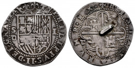 Philip II (1556-1598). 1 real. Sevilla. (Cal-259). Ag. 3,29 g. Double assayer, squared d on reverse. Welding on reverse. Rare. VF/Choice F. Est...90,0...