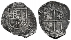 Philip II (1556-1598). 2 reales. 1598. Sevilla. B. (Cal-426). Ag. 6,80 g. OMNIVM type. Scarce. Choice F/Almost VF. Est...250,00. 

Spanish Descripti...