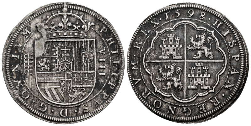 Philip II (1556-1598). 8 reales. 1598. Segovia. (Cal-719). Ag. 25,80 g. OMNIVM t...
