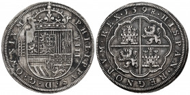 Philip II (1556-1598). 8 reales. 1598. Segovia. (Cal-719). Ag. 25,80 g. OMNIVM type. Minor deposits. Defect on the shield. Rare. XF. Est...1500,00. 
...