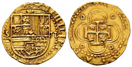 Philip II (1556-1598). 2 escudos. Sevilla. (Cal-Tipo 257). (Tauler-31). Au. 6,61 g. S and square "d" assayer to the left, value II to the right. Scarc...