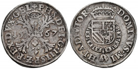 Philip II (1556-1598). 1 escudo of Burgundy. 1567. Nimega. (Tauler-1277). (Vti-1307). (Vanhoudt-290 NIJ). Ag. 28,49 g. Choice VF. Est...220,00. 

Sp...