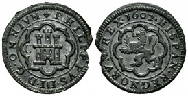 Philip III (1598-1621). 4 maravedis. 1602. Segovia. C. (Cal-255). Ae. 6,58 g. Striking defect. Attractive specimen. Almost XF. Est...70,00. 

Spanis...