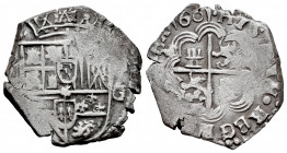 Philip III (1598-1621). 2 reales. 1601. Granada. (M). (Cal-456 var). Ag. 6,53 g. Arabic numerals on the date. Unusual crown for this year, with a pear...