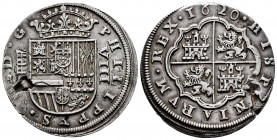Philip III (1598-1621). 8 reales. 1620. Segovia. (A). (Cal-950). Ag. 27,18 g. Striking defect. Choice VF. Est...900,00. 

Spanish Description: Felip...