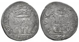 Philip III (1598-1621). 4 sueldos. 1608. Milano. (Tauler-1768). (Vti-12). 2,82 g. Struck over another coin. Scarce. F. Est...50,00. 

Spanish Descri...
