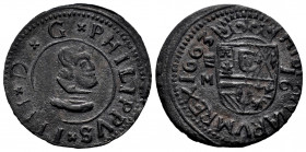 Philip IV (1621-1665). 16 maravedis. 1663. Valladolid. M. (Cal-510). (Jarabo-Sanahuja-M816). Ae. 3,95 g. Choice VF. Est...40,00. 

Spanish Descripti...