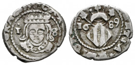 Charles II (1665-1700). Dieciocheno. 1689. Valencia. (Cal-334). (Cru C.G-4926d). Ag. 1,48 g. VF. Est...50,00. 

Spanish Description: Carlos II (1665...