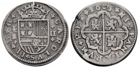 Charles II (1665-1700). 2 reales. 1685/4. Segovia. (Cal-446). Ag. 6,44 g. Overdate. Scarce. Choice F. Est...60,00. 

Spanish Description: Carlos II ...