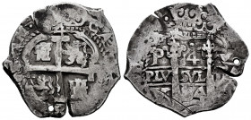Charles II (1665-1700). 4 reales. 1684. Potosí. V. (Cal-530). Ag. 13,59 g. Double assayer. Double date, one of them partially visible. Rare. This coin...