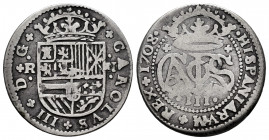 Charles III The Pretender (1701-1714). 2 reales. 1708/7. Barcelona. (Cal-28). Ag. 4,77 g. Overdate. Almost VF/Choice F. Est...40,00. 

Spanish Descr...