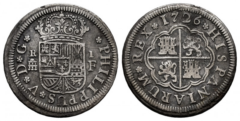 Philip V (1700-1746). 1 real. 1726. Segovia. F. (Cal-624). Ag. 2,40 g. Choice F....