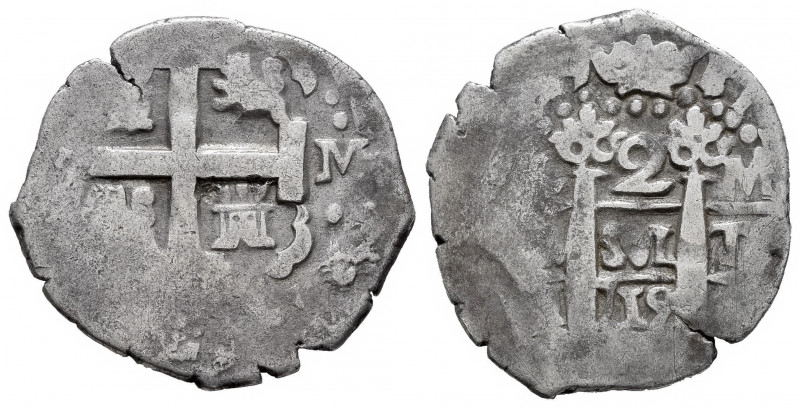 Philip V (1700-1746). 2 reales. 1719. Lima. M. (Cal-732). Ag. 6,29 g. Double ass...