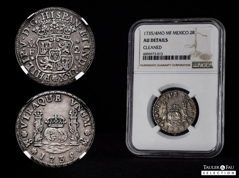Philip V (1700-1746). 2 reales. 1735/4. México. MF. (Cal-810). Ag. Slabbed by NG...
