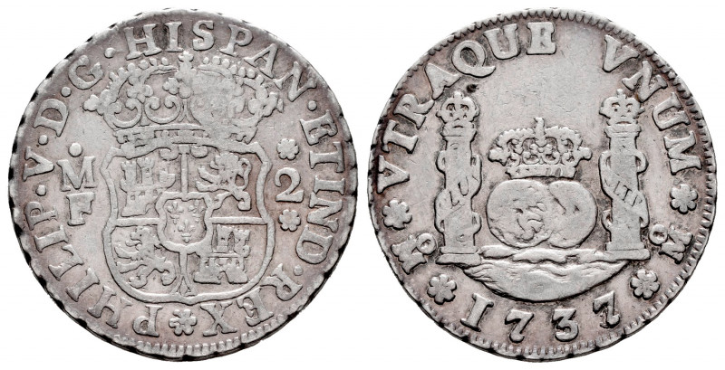 Philip V (1700-1746). 2 reales. 1737/3. México. MF. (Cal-816). Ag. 6,63 g. Overd...