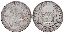 Philip V (1700-1746). 2 reales. 1737/3. México. MF. (Cal-816). Ag. 6,63 g. Overdate. Choice F/Almost VF. Est...50,00. 

Spanish Description: Felipe ...