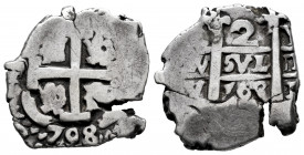 Philip V (1700-1746). 2 reales. 1708. Potosí. Y. (Cal-884). Ag. 6,03 g. Double date. VF. Est...80,00. 

Spanish Description: Felipe V (1700-1746). 2...