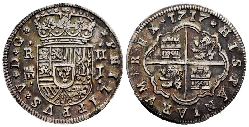 Philip V (1700-1746). 2 reales. 1717. Segovia. J. (Cal-944). Ag. 6,64 g. Irregul...