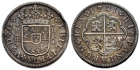 Philip V (1700-1746). 2 reales. 1721. Segovia. F. (Cal-954). Ag. 6,30 g. Knock on edge. Aqueduct with two rows of two arches. Irregular patina. XF. Es...