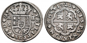 Philip V (1700-1746). 2 reales. 1725. Sevilla. J. (Cal-983). Ag. 5,34 g. VF/Almost VF. Est...50,00. 

Spanish Description: Felipe V (1700-1746). 2 r...