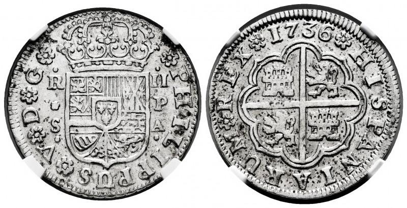 Philip V (1700-1746). 2 reales. 1736. Sevilla. PA. (Cal-993). Ag. Slabbed by NGC...