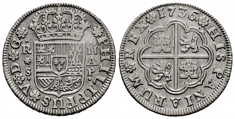 Philip V (1700-1746). 2 reales. 1736. Sevilla. AP. (Cal-995). Ag. 5,81 g. Choice...