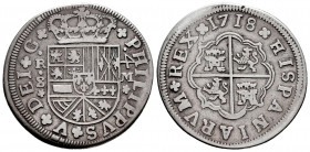 Philip V (1700-1746). 4 reales. 1718. Sevilla. M. (Cal-1222). Ag. 10,82 g. Inverted value 4. Shield of Burgundy with 3 fleurs de lis. VF. Est...140,00...
