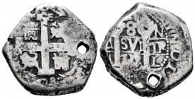 Philip V (1700-1746). 8 reales. 1739. Lima. N. (Cal-1042). Ag. 26,74 g. Holed. This coin is exempt from any export license fee. Choice F. Est...150,00...
