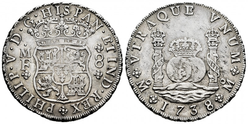 Philip V (1700-1746). 8 reales. 1738. México. MF. (Cal-1449). Ag. 26,87 g. Choic...
