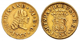 Ferdinand VI (1746-1759). 1/2 escudo. 1755. Sevilla. PJ. (Cal-578). Au. 1,77 g. Third king´s bust. Choice VF. Est...160,00. 

Spanish Description: F...