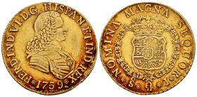 Ferdinand VI (1746-1759). 8 escudos. 1759. Santiago. J. (Cal-838). Au. 26,98 g. Different bust. FERDIND legend. Without value indication. Minor nicks....