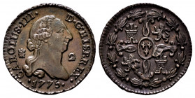 Charles III (1759-1788). 2 maravedis. 1775. Segovia. (Cal-38). Ae. 2,39 g. Scarce in this grade. Almost XF. Est...150,00. 

Spanish Description: Car...