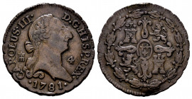 Charles III (1759-1788). 4 maravedis. 1781. Segovia. (Cal-61). Ae. 5,10 g. VF. Est...35,00. 

Spanish Description: Carlos III (1759-1788). 4 maraved...