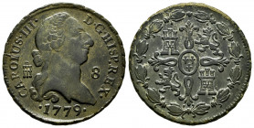 Charles III (1759-1788). 8 maravedis. 1779. Segovia. (Cal-76). Ae. 11,19 g. A good sample. Choice VF. Est...90,00. 

Spanish Description: Carlos III...