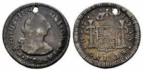 Charles III (1759-1788). 1/2 real. 1772. Guatemala. P. (Cal-98). Ag. 1,70 g. Mintmark G. Holed. Rare. Choice F. Est...50,00. 

Spanish Description: ...