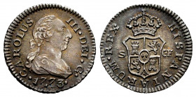 Charles III (1759-1788). 1/2 real. 1773. Sevilla. CF. (Cal-311 var). Ag. 1,39 g. Curious variant with the two central digits of the date notably displ...