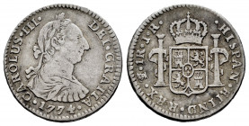 Charles III (1759-1788). 1 real. 1774. Potosí. JR. (Cal-472). Ag. 3,26 g. Almost VF. Est...50,00. 

Spanish Description: Carlos III (1759-1788). 1 r...