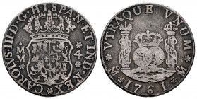 Charles III (1759-1788). 4 reales. 1761. México. MM. (Cal-872). Ag. 13,13 g. Choice F. Est...90,00. 

Spanish Description: Carlos III (1759-1788). 4...