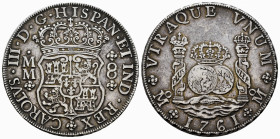 Charles III (1759-1788). 8 reales. 1761. México. MM. (Cal-1074). Ag. 26,99 g. Cross between H and I. Toned. Choice VF. Est...420,00. 

Spanish Descr...