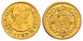Charles III (1759-1788). 1/2 escudo. 1783. Madrid. JD. (Cal-1275). Au. 1,75 g. Choice F. Est...110,00. 

Spanish Description: Carlos III (1759-1788)...
