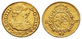 Charles III (1759-1788). 1/2 escudo. 1786. Madrid. DV. (Cal-1280). Au. 1,74 g. Minor marks. VF/Choice VF. Est...120,00. 

Spanish Description: Carlo...