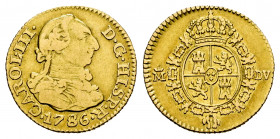 Charles III (1759-1788). 1/2 escudo. 1786. Madrid. DV. (Cal-1280). Au. 1,74 g. Choice F/VF. Est...150,00. 

Spanish Description: Carlos III (1759-17...