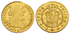 Charles III (1759-1788). 1 escudo. 1787. Madrid. DV. (Cal-1370). Au. 3,30 g. Choice VF. Est...200,00. 

Spanish Description: Carlos III (1759-1788)....