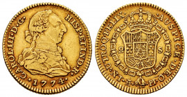 Charles III (1759-1788). 2 escudos. 1774. Madrid. PJ. (Cal-1546). Au. 6,69 g. Choice VF. Est...320,00. 

Spanish Description: Carlos III (1759-1788)...