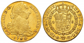 Charles III (1759-1788). 4 escudos. 1780. Madrid. PJ. (Cal-1783). Au. 13,46 g. Overdate. VF/Choice VF. Est...600,00. 

Spanish Description: Carlos I...