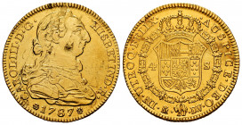 Charles III (1759-1788). 4 escudos. 1787. Madrid. DV. (Cal-1793). Au. 13,36 g. Used as a jewelry piece. Planchet flaw. Roughness. VF/VF. Est...500,00....
