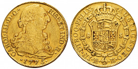 Charles III (1759-1788). 8 escudos. 1775. Madrid. PJ. (Cal-1961). (Cal onza-726). Au. 26,93 g. Pellet between assayers. Used as a jewelry piece. Almos...
