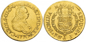 Charles III (1759-1788). 8 escudos. 1770. Popayán. J. (Cal-2035). (Cal onza-797). (Restrepo-70-20). Au. 26,26 g. Used as a jewelry piece. Scarce. Choi...