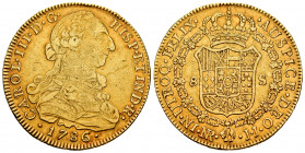 Charles III (1759-1788). 8 escudos. 1786. Santa Fe de Nuevo Reino. JJ. (Cal-2120). (Cal onza-891). Au. 26,93 g. Part of the reverse legend is incused ...